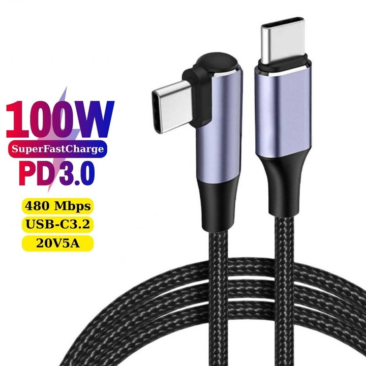 Кабел за данни и бързо зареждане макс. 100W, AHA PRINT®, PREMIUM TEXTILE, 480 Mbps, PD 3.0, ъгъл 90 градуса, USB-C към USB-C, тип C, ергономичен, за телефон, таблет, лаптоп и джаджи, 3 м, черен