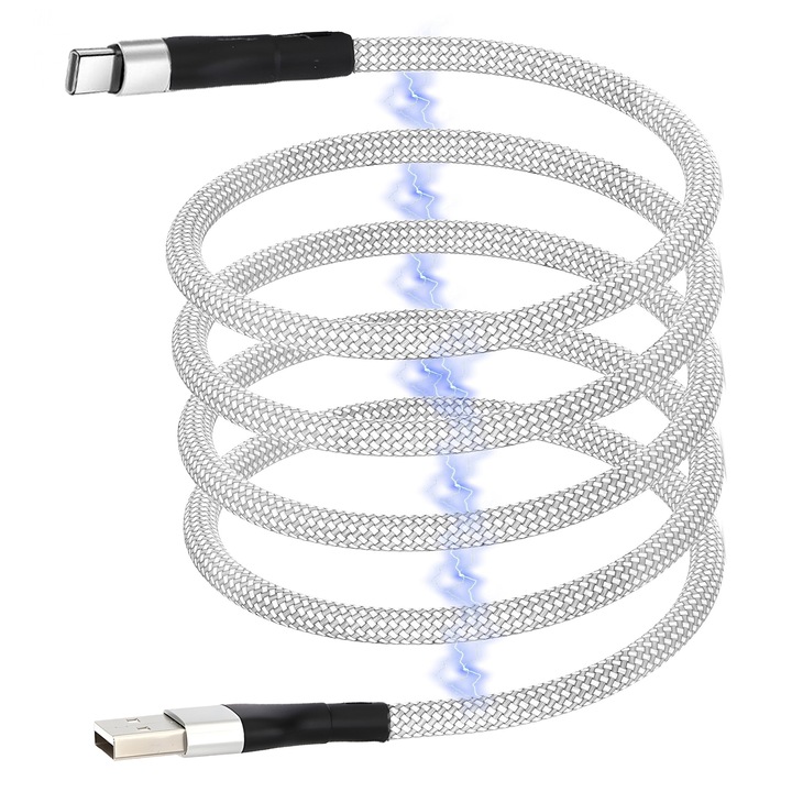 Cablu USB - Type-C, Incarcare, Magnetic, Incarcare Rapida 100W, Transfer 480Mb/s, Lungime 1.5m, Anti-Incalcire, Design Premium, Foarte Rezistent, Compatibil cu Samsung, iPhone 15, iPhone 15 Plus, iPhone 15 Pro, iPhone 15 Pro Max, Culoare Alb