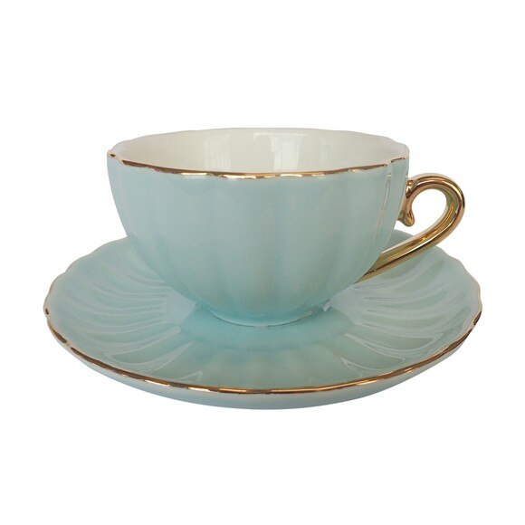 Ceasca cu farfurie Bombay Duck, jad, albastru/auriu