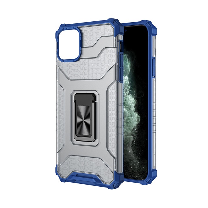 Husa pentru Apple iPhone 13 Pro Max VexoCore Shield, Suport Metalic Integrat, Spate din Policarbonat, Margini din TPU Flexibil, Design Urban, Usoara, Ultra-Subtire, Margini Ranforsate, Anti-Zgarieturi, Decupaje Precise, Albastru