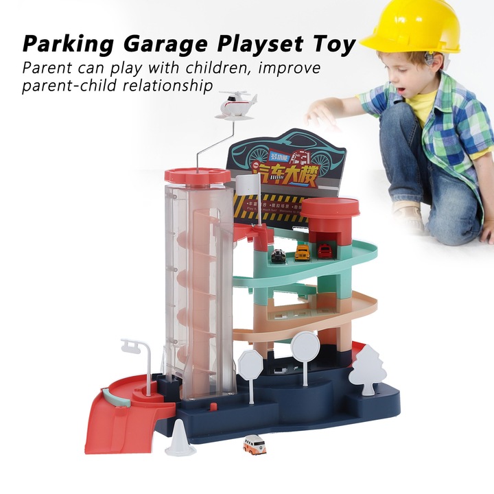Комплект играчки за паркинг за деца, гараж със знаци за ограничение на скоростта, рампи, хеликоптер, издръжлива пластмаса
