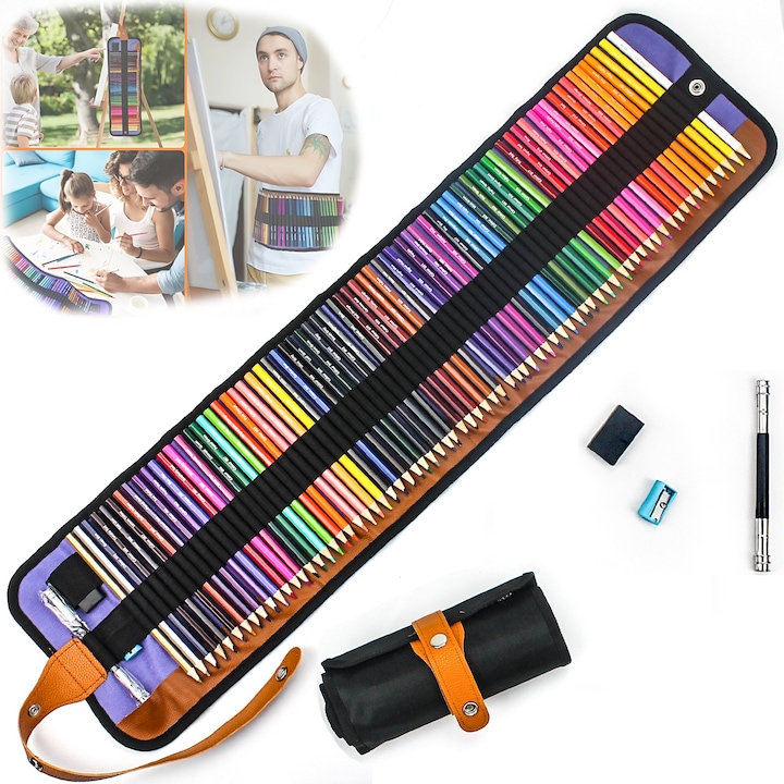 Set de 72 creioane colorate Dussdote, 72 culori, pe baza de ulei, vine cu o husa de panza, radiera, ascutitoare, prelungitor pentru pix, fabricat din lemn durabil, numerotat, multicolor