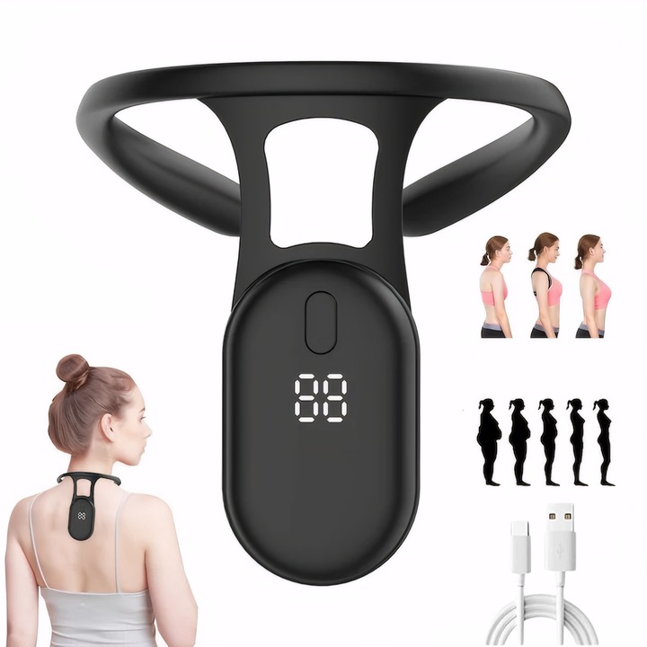 Corector de postura inteligent Dussdote, usor si confortabil, reincarcabil, ABS + silicon alimentar, ergonomic, unisex, copii si adulti, 119x124.7x138mm, negru