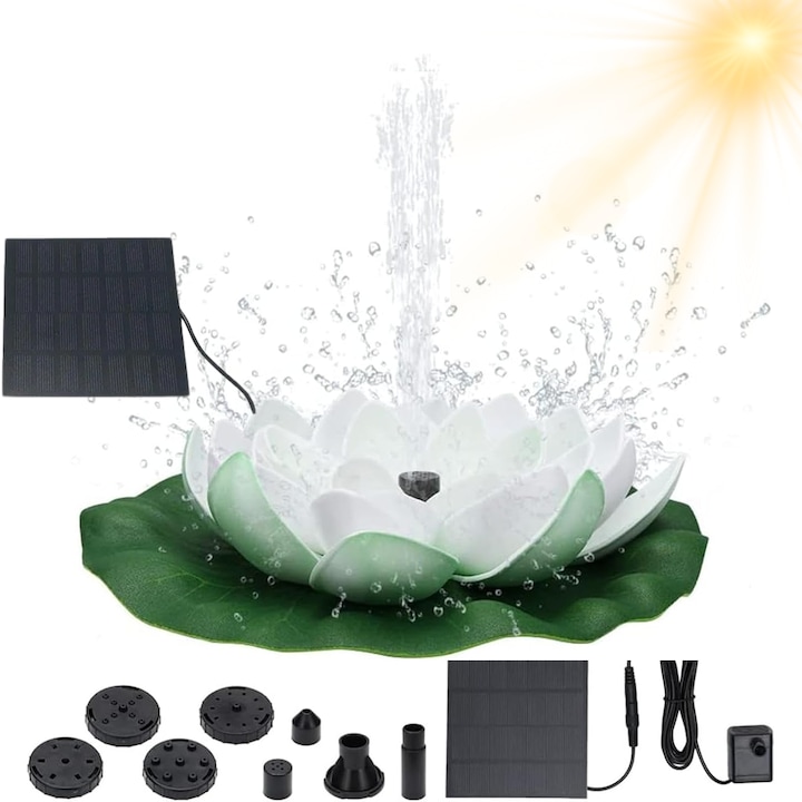 Fantana solara pentru gradina, Dussdote, pentru gradina, iaz, piscina, cascada, forma de nufar, decoratiune plutitoare, 8 moduri de pulverizare, 1.5Wpanou solar, accesorii incluse, 18cm, alb si verde