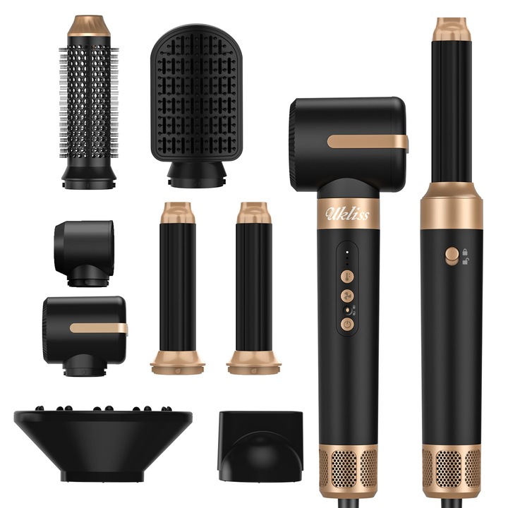 Perie rotativă Ukliss Airstyler 7 în 1, 1400W, 30mm, set de perii
