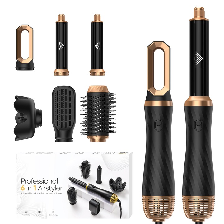 Aparat De Coafat Cu Aer Cald, Set De Coafat Cu Aer Cald, 6 In 1, Cu Uscator De Par, Perie Rotunda, Difuzor Pentru Uscator De Par, Ondulator Cu Flux De Aer, Perie Automata Pentru Uscator De Par Cu Volum, Pentru Indreptare, Uscare, Volum, Bucle