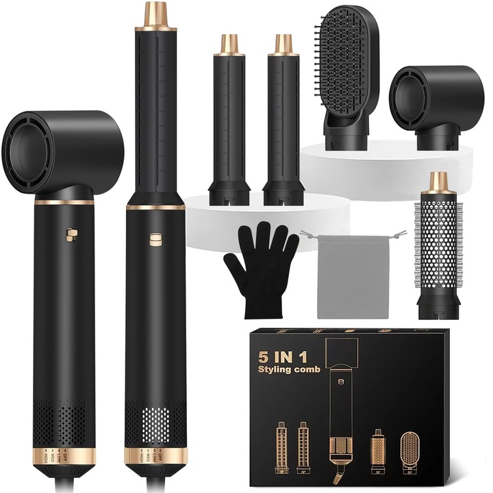Aparat De Coafat 5 In 1, Set De Coafat Cu Aer Airstyler Cu Uscator De Par Cu Perie Rotunda, Perie Cu Aer Cald, Ondulator Cu Flux De Aer Automat, Uscator De Par, Perie De Indreptat Parul Pentru Indreptare, Uscare, Volum, Bucle