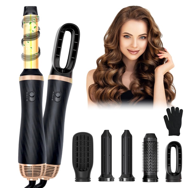 Set De Perii Cu Aer Cald Anluomania, Set Airstyler 1000W, Aparat De Coafat Cu Aer, Aparat De Coafat Cu 5 Duze De Schimb, Aparat De Coafat Par, Ondulator Cu Flux De Aer, Uscator De Par, Perie Uscator De Par Pentru Indreptare, Uscare, Volum, Bucle