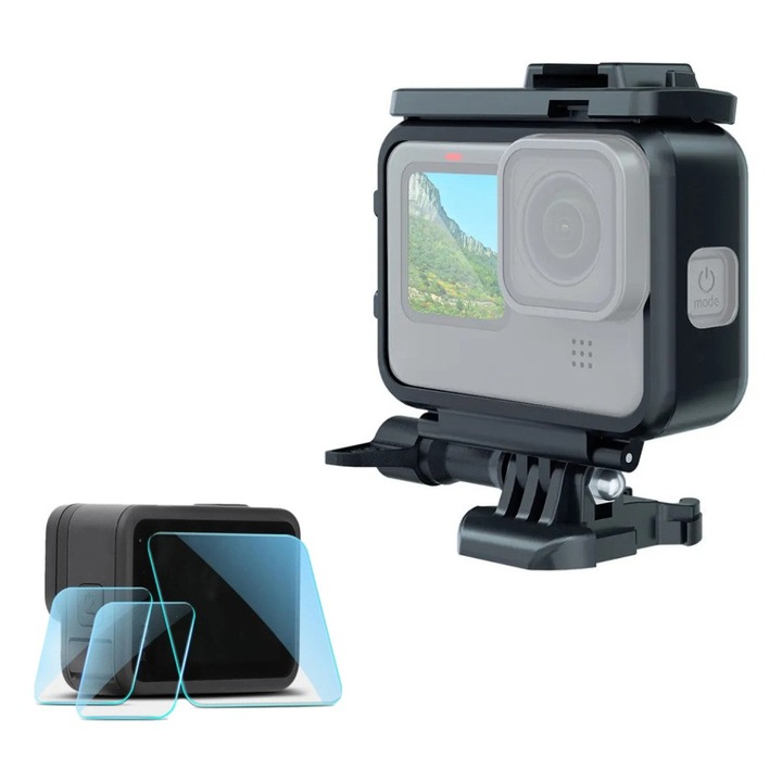 Защитен калъф (скоба) за GoPro Hero 9, Hero 10, Hero 11, Hero 12, рамка, заедно със защитно фолио за екрана и обектива, с 2 места за светкавица или микрофон