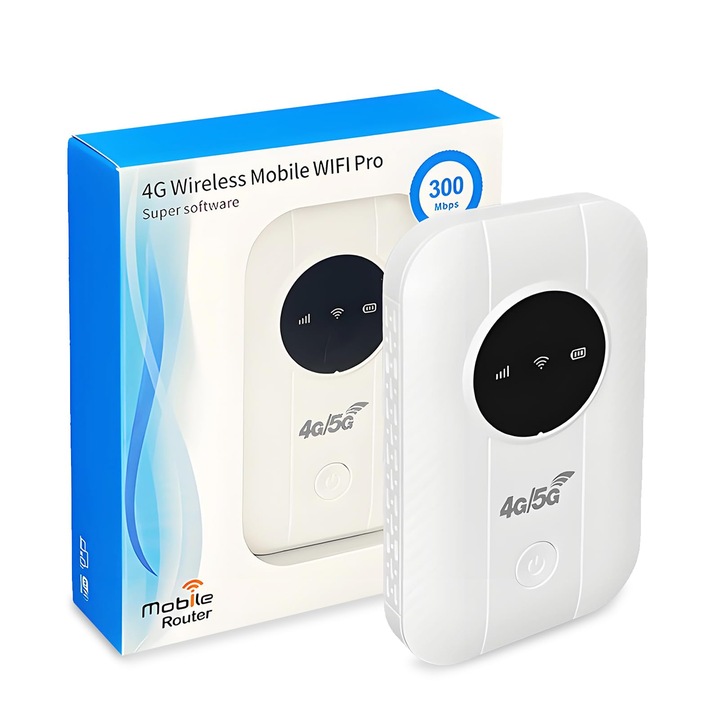 Router Wireless 4G LTE Poisoon, Hotspot Mobil, router 4G, slot SIM, 300Mbps, Suporta 10 utilizatori in acelasi timp, Pentru telefon mobil, laptop, desktop si tableta， 3650mAh, Alb