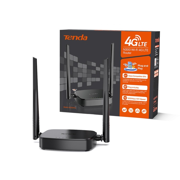 Tenda 4G03 Pro 4G Lte Router, Wifi Router Nano-SIM kártyákhoz (N300 Cat4, Letöltés 150 Mbps, 300 Mbps 2.4Ghz), 2 db 4Dbi Antenna, Plug & Play, Fast Ethernet Port, App, Router Mód, LED, Fekete