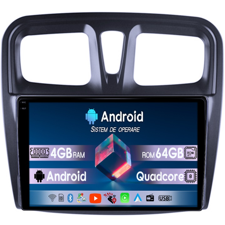 Navigatie dedicata Dacia Logan 2 2012-2019, 4GB RAM 64GB ROM, Quadcore, Android 14, Display QLED 1K 10", DSP, Carplay&Android Auto, Suport camere AHD