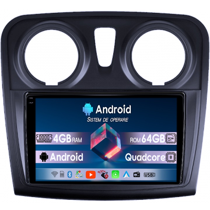 Navigatie dedicata Dacia Logan 2 2012-2019, 4GB RAM 64GB ROM, Quadcore, Android 14, Display QLED 1K 9", DSP, Carplay&Android Auto, Suport camere AHD