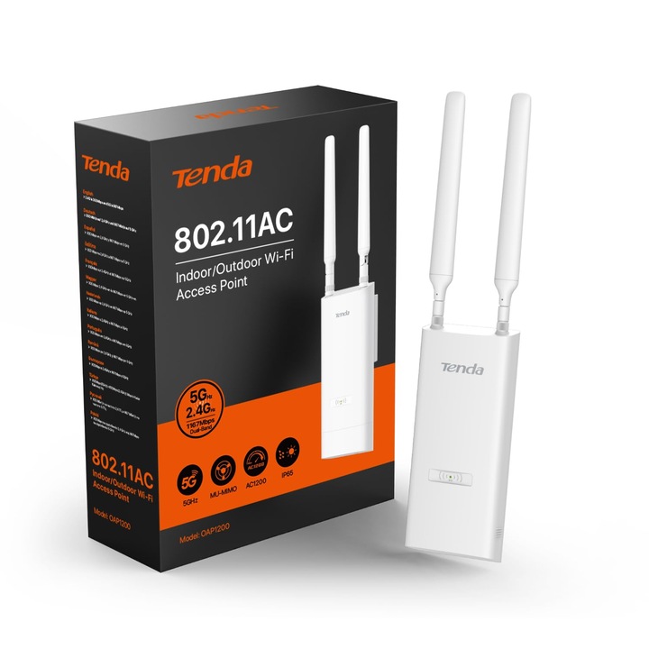 Tenda OAP1200 kültéri hozzáférési pont, kétsávos gigabites Wlan hozzáférési pont (Ac1200, PoE 802.3Af/At és passzív PoE 24V/0.5A, IP65 vízálló, 1 gigabites port) fehér