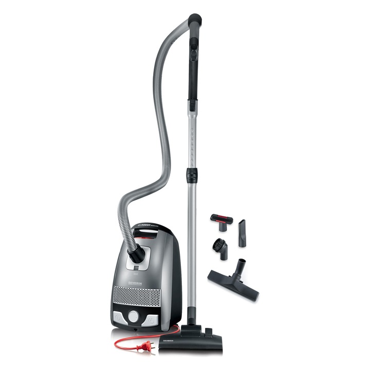 Aspirator Severin S'Power cu sac, puternic, gri platinat-rosu granat, 1.5l, cu accesorii pentru parchet si covor