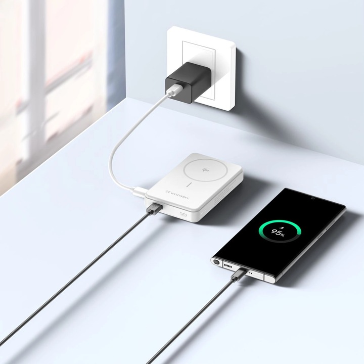 10000 mAh-s külső akkumulátor, Wozinsky WLWP-10KA0Y3S, 22,5 W PD, vezeték nélküli 15 W, fehér, 110x69x17,5 mm