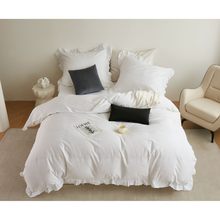 Спално бельо Ruffy Premium White, памучен сатен, 140x200 см, с волани