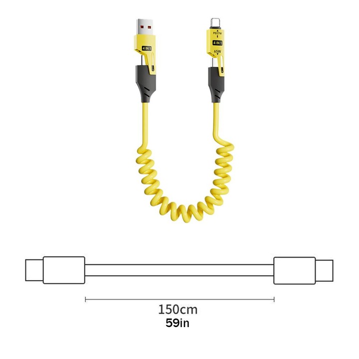4 az 1-ben kihúzható adatkábel, univerzális, 1,5 m, 67 W, sárga