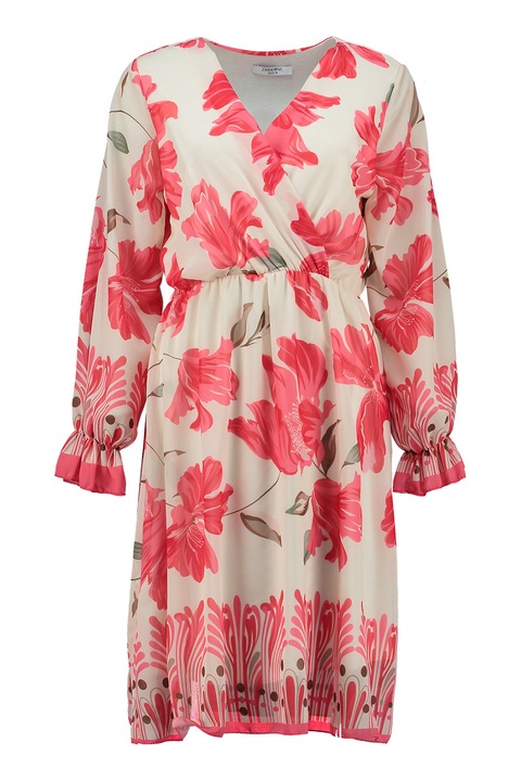 ZABAIONE, Rochie cu imprimeu floral si maneci lungi, Roz aprins/Maro deschis/Alb murdar