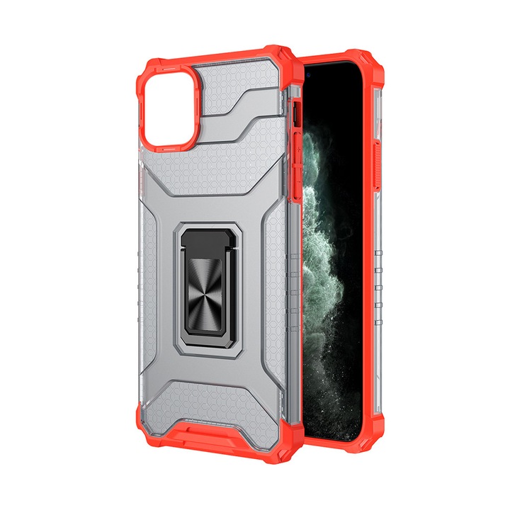 Husa pentru Apple iPhone 13 Pro VexoCore Shield, Suport Metalic Integrat, Spate din Policarbonat, Margini din TPU Flexibil, Design Urban, Usoara, Ultra-Subtire, Margini Ranforsate, Anti-Zgarieturi, Decupaje Precise, Rosu