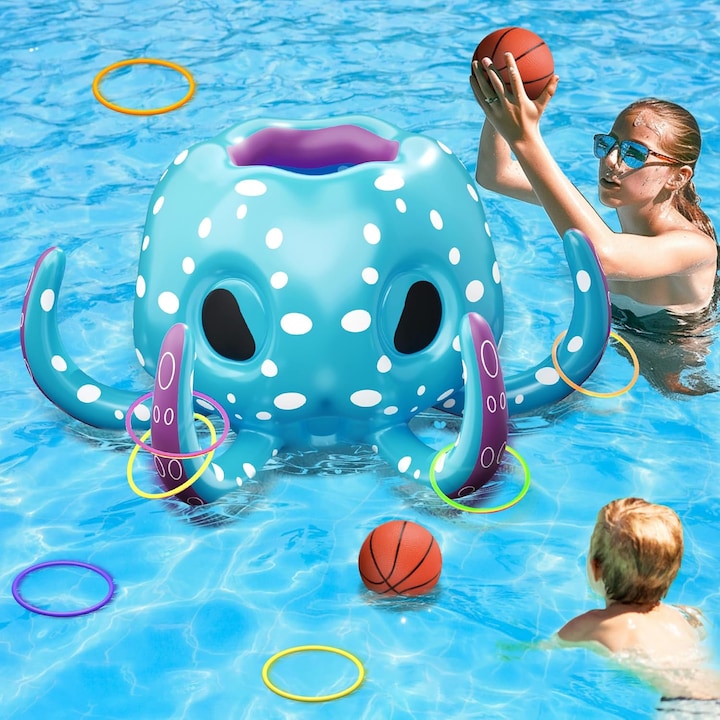 Jucarie pentru piscina, Simply Joy, Caractita, 2 in 1 colac gonflabil si joc de apa, cos de baschet si joc de aruncat inele, jucarie in aer liber piscina sau curte, cadou pentru petreceri de vara in familie, pentru baieti si fete de 3, 4, 5, 6, 7, 8 ani