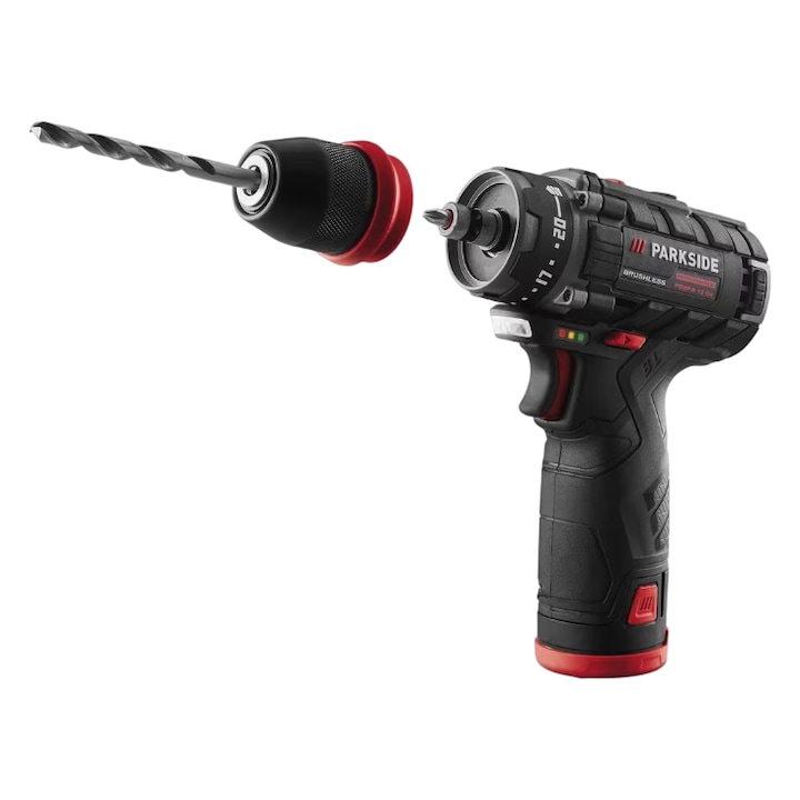 Masina de gaurit cu 2 acumulatori PARKSIDE PERFORMANCE x12V PBSPA 12 E4 cu 2 baterii, incarcator si set de burghie si biti