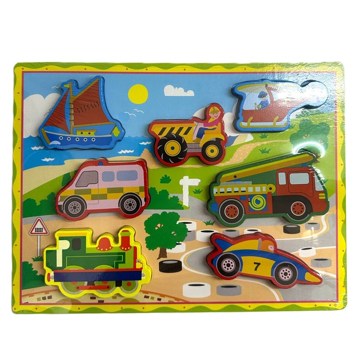 Puzzle incastru, GHEMOTOC® placa din lemn cu 7 piese, mijloace de transport, 3D, 29*22 cm