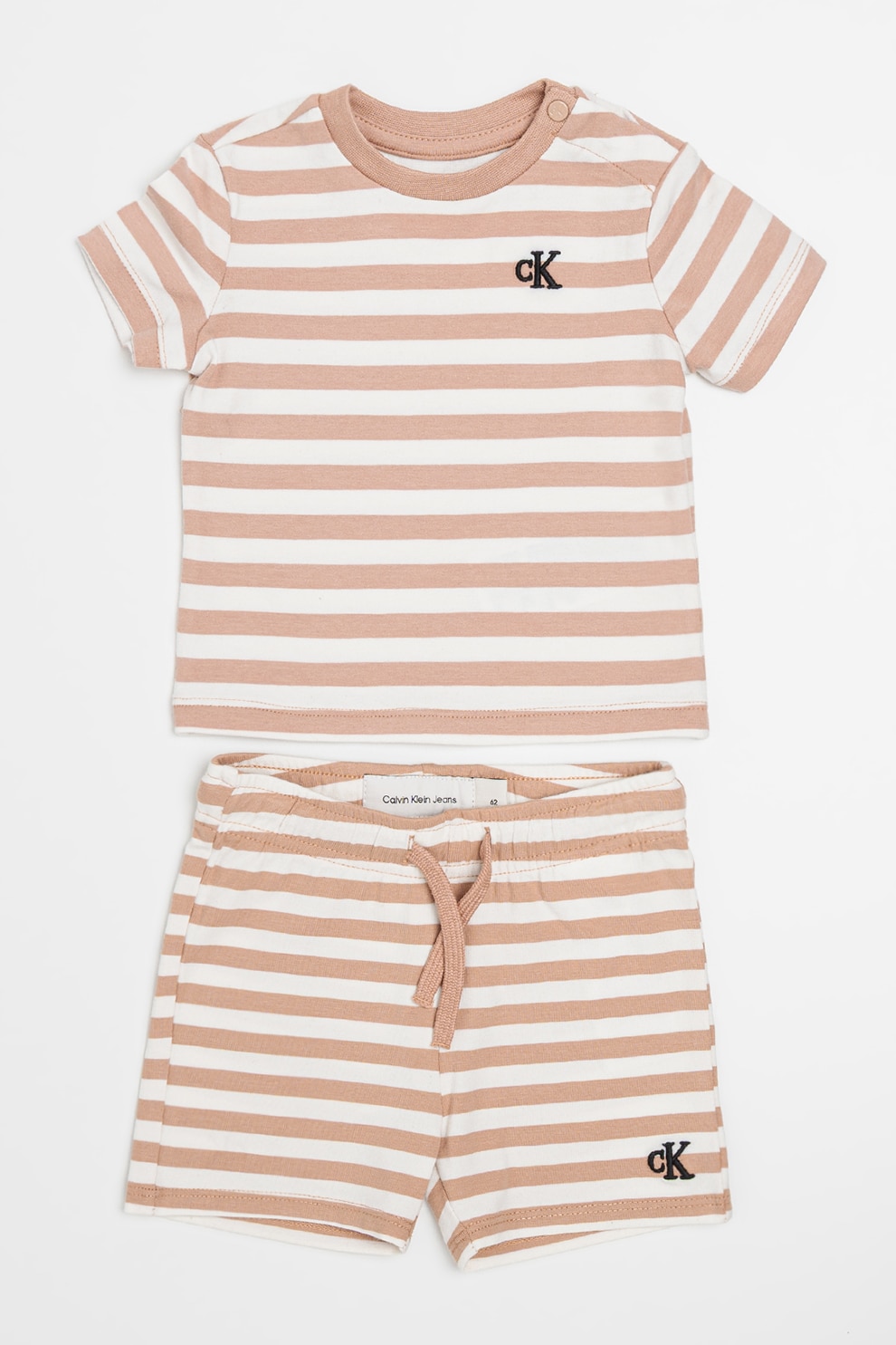 CALVIN KLEIN, Set de pantaloni scurti si tricou cu model in dungi - 2 Piese, Maro taupe deschis, Alb murdar, 68 CM