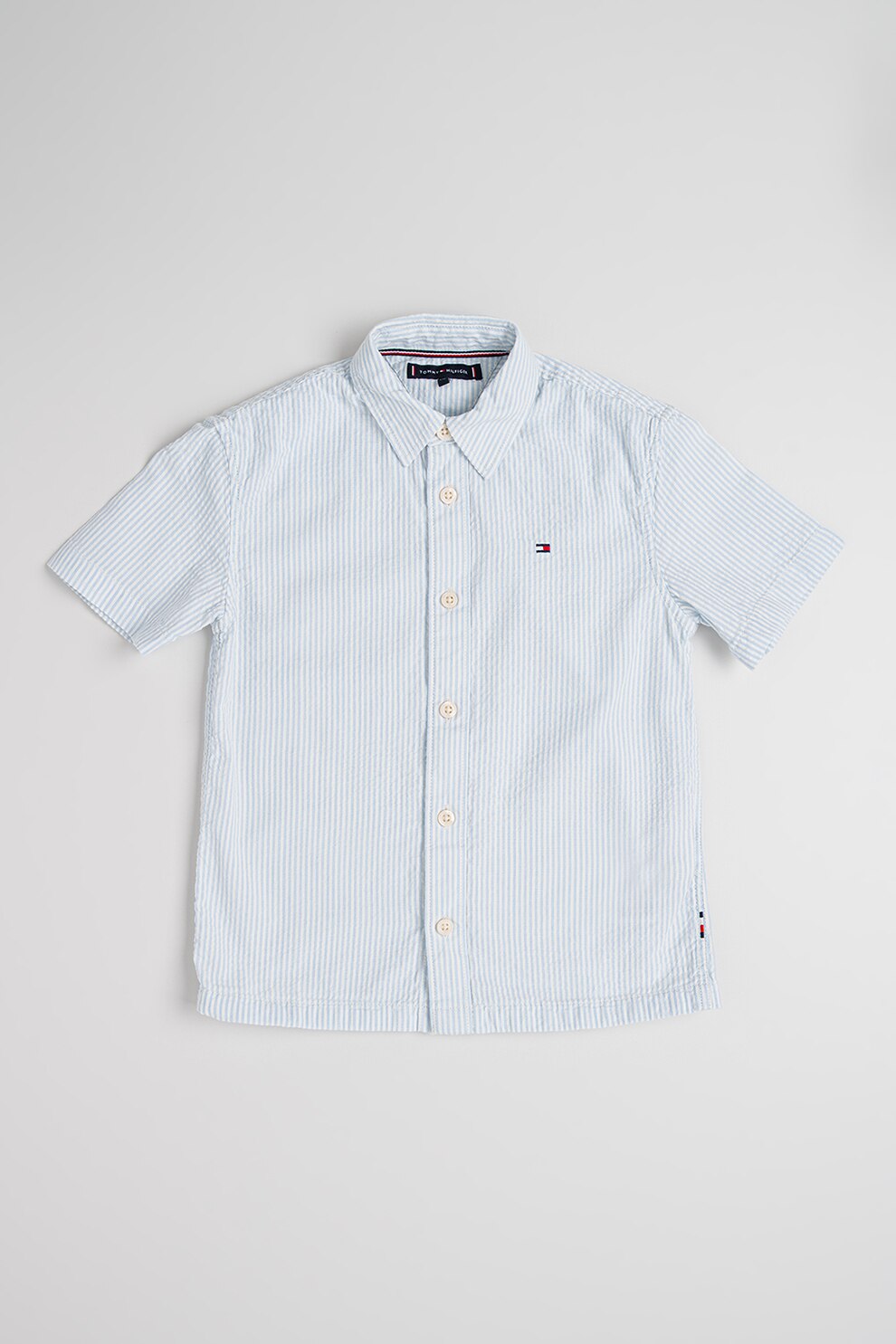 Tommy Hilfiger, Camasa cu maneci scurte si dungi, Alb, Albastru glaciar, 176 CM