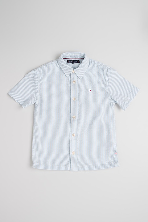 Tommy Hilfiger, Camasa cu maneci scurte si dungi, Alb/Albastru glaciar