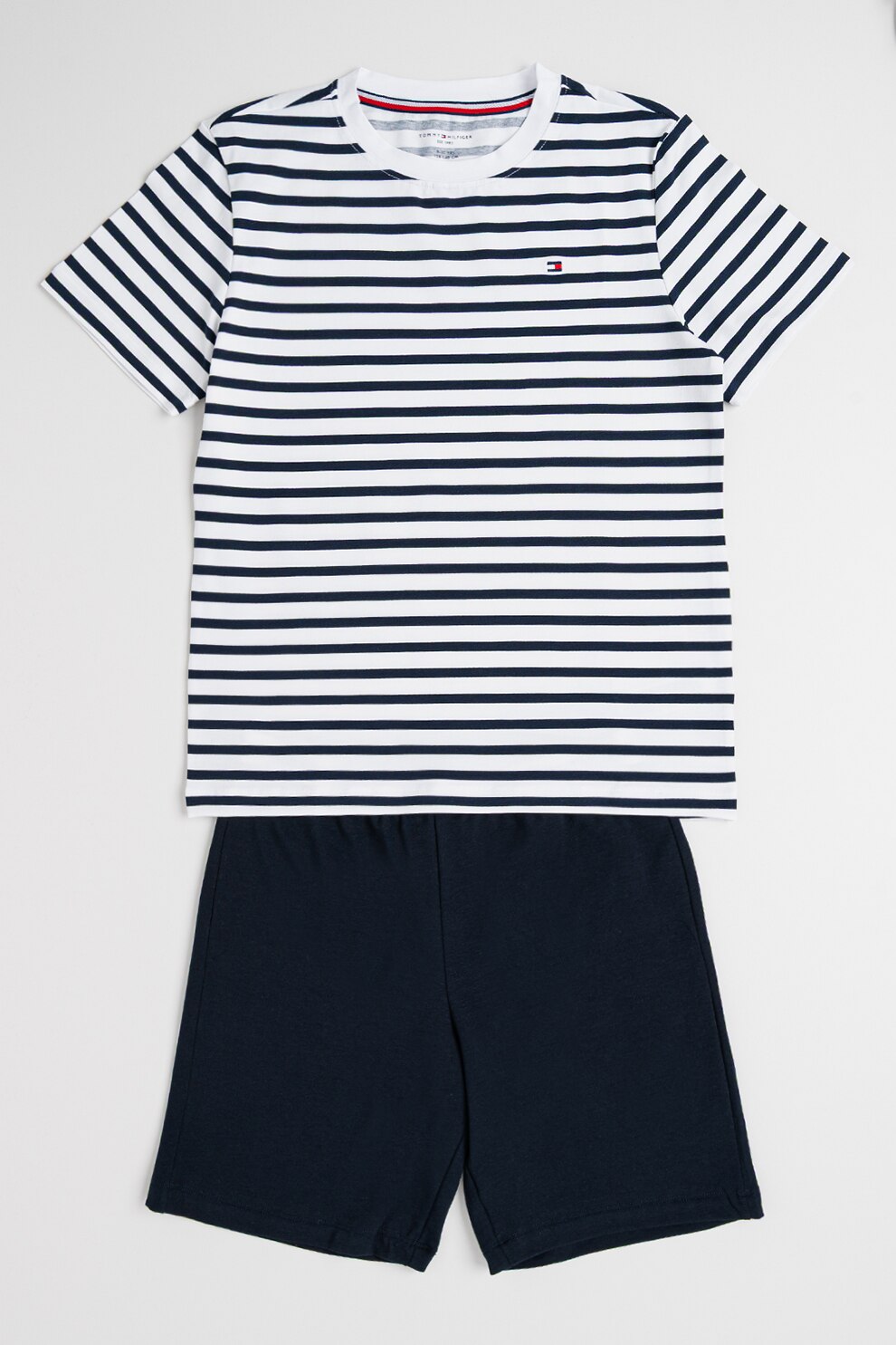 Tommy Hilfiger, Pijama cu pantaloni scurti si banda logo in talie, Alb, Bleumarin, 128-140 CM