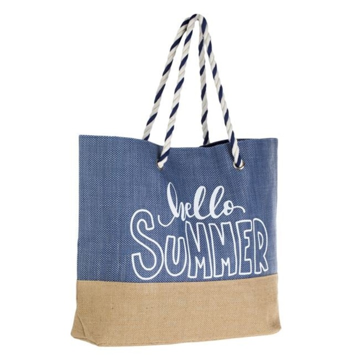 Geanta de Plaja Albastru-Bej, Mesaj „Hello Summer”, Spatioasa, Inchidere Capsa, Buzunar Interior, 53x12.5x39cm, GP-AB-04 - Ideala pentru Vara, Mare, Vacanta si Piscina