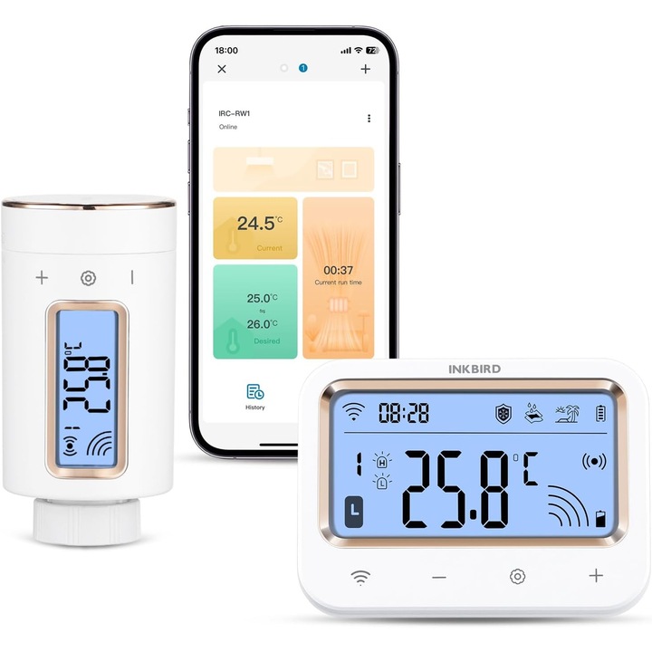 Intelligens termosztát radiátorhoz, Wi-Fi vezérlés, mobilalkalmazás, automatikus környezeti hőmérséklet beállítás, LED kijelző - HU