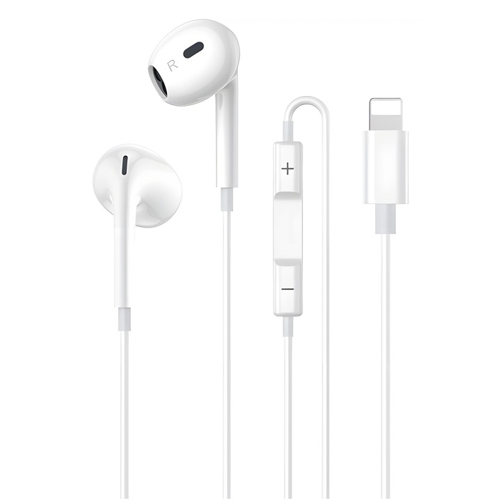 Casti cu fir, in-ear, microfon integrat, control volum, compatibile cu toate sistemele iOS, alb