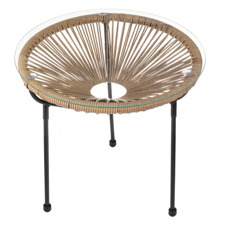 Masuta auxiliara pentru balcon, Metal, Blat sticla, 50 cm, Natur