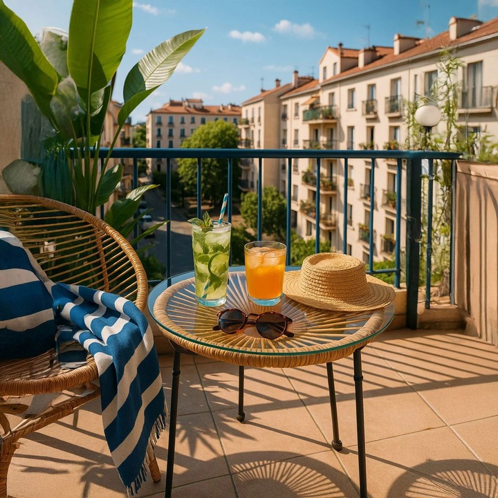 Masuta Auxiliara Rotunda cu Cadru Metalic Rattan Impletit si Blat din Sticla Ø50x50cm pentru Balcon Terasa Living Exterior Interior