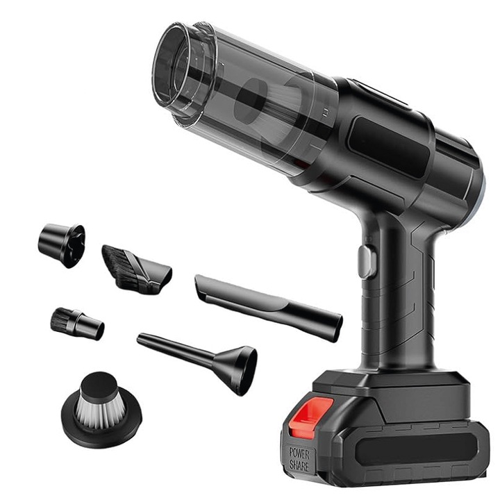 Aspirator de Mana Profesional SUPER TRENDS®, cu Acumulator, Puternic si Usor, Putere 150W, Acumulator 18.5V 1.3Ah, 6 Accesorii, Aspirare Uscata, Suflare, Vacuum pentru Casa si Masina, Negru