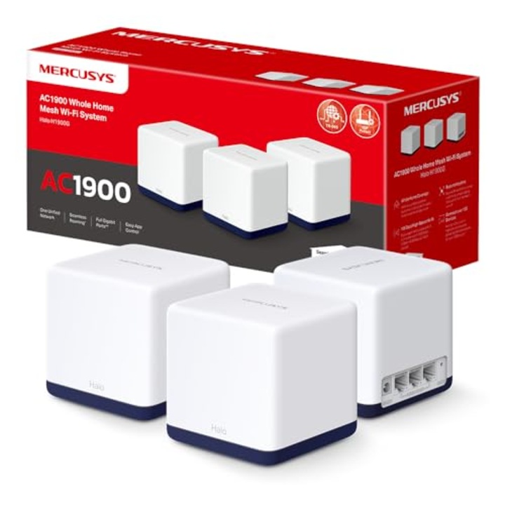 Set Wifi Mesh Mercusys Halo H1900G, router și repetor AC1900, 3 porturi Gigabit, dual band, pentru case cu 3-5 dormitoare