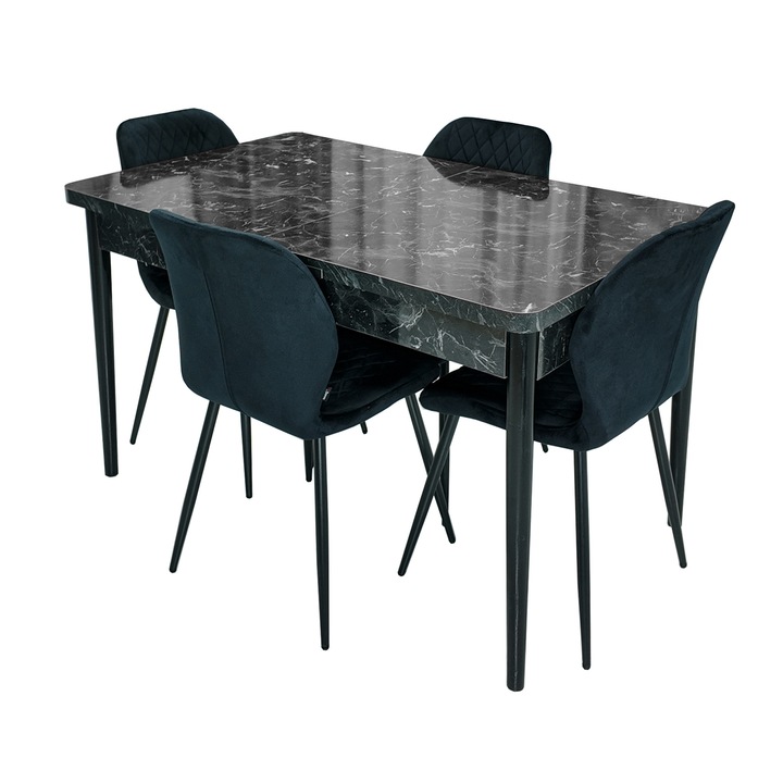 Set masa Napoli Black Marble cu 4 scaune Goteborg negru, DENVER, extensibila, picioare vopsite negru, 130x80x76 cm
