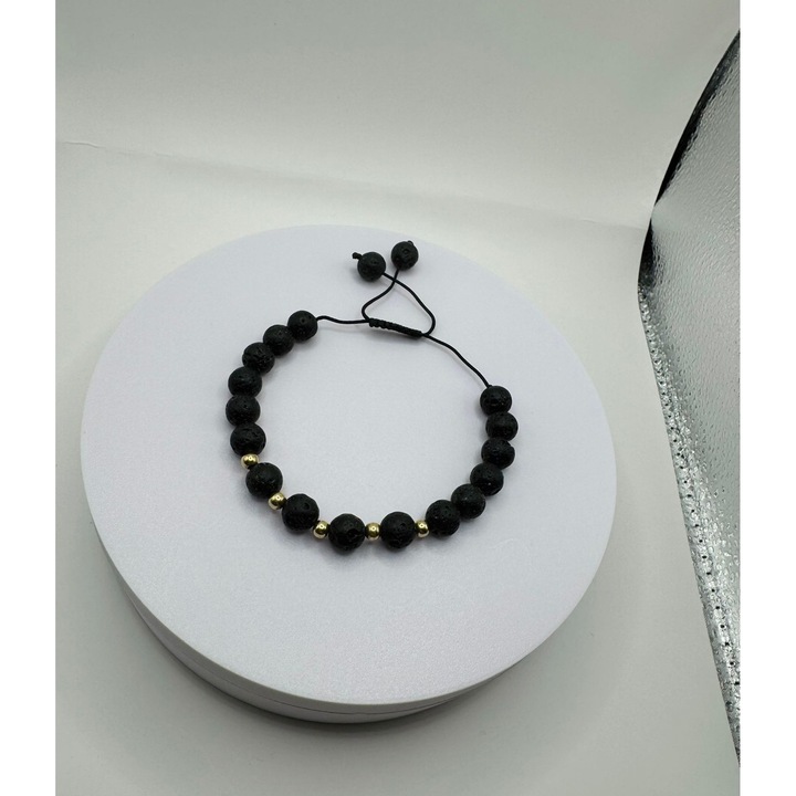 Bratara Unisex cu Pietre de Lava si 5 bile din Aur 14K, cu snur reglabil