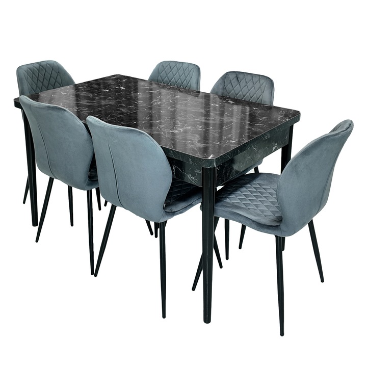 Set masa extensibila Napoli Black Marble cu 6 scaune Goteborg gri, DENVER, extensibila, picioare vopsite negru, 130x80x76 cm