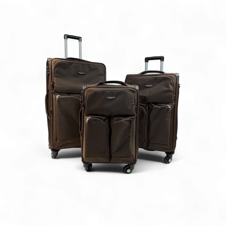 3 db-os textil gurulós bőrönd szett, Rorik Explorer, lopásgátló zár, 360°-ban forgatható dupla kerekek, teleszkópos nyél, nagy/közepes/kicsi 55/65/75-31 cm, barna