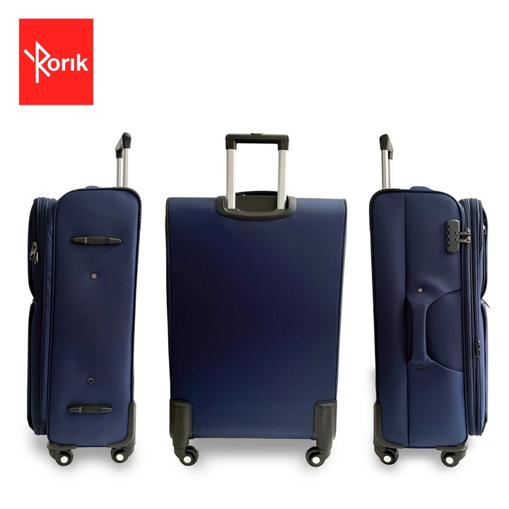 Troler Textil, Rorik® Destination, 24 inch, 70 L, Mediu/M 69x43x25 cm, valiza fermoar cifru antifurt, roti 360°, geamantan maner telescopic, troller expandabil, Albastru inchis