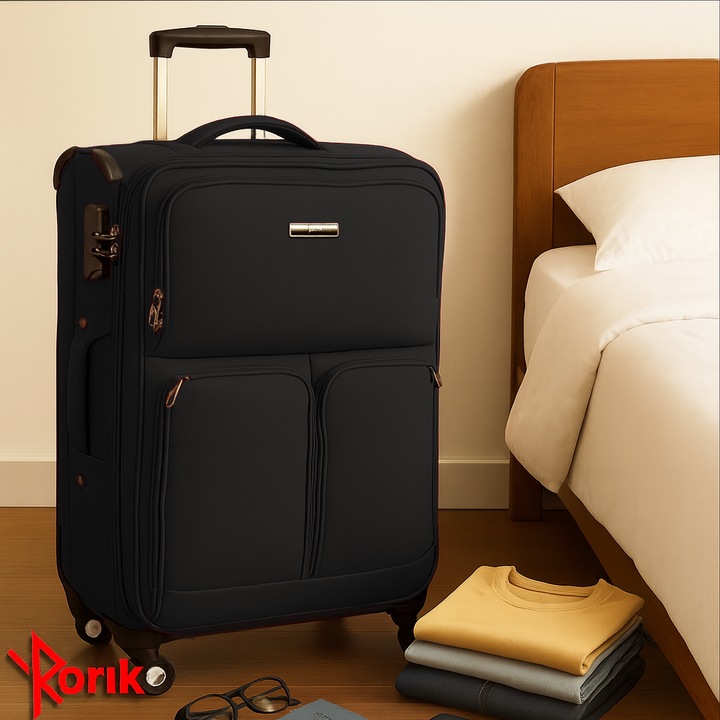 Комплект от 3 текстилни куфара, Rorik Explorer, код против кражба, двойни колела 360°, телескопична дръжка, голяма/средна/малка 55/65/75-31 см, черен