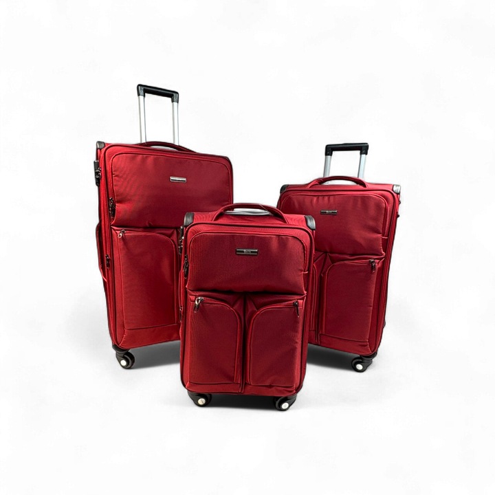 Комплект от 3 текстилни колички, Rorik Explorer, код против кражба, двойни колела 360°, телескопична дръжка, голяма/средна/малка 55/65/75-31 см, червена