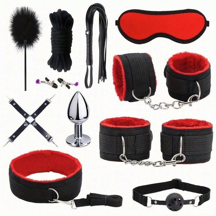 Set 11 accesorii BDSM, negru/rosu, material PU