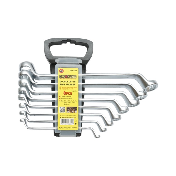 Set 8 chei inelare cotite in suport cu clema 6-22mm Cr-V Crownman