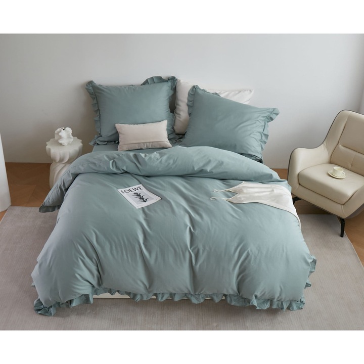 Спално бельо Ruffy Premium, памучен сатен, 140x200 см + 1 калъфка за възглавница 70x80 см, зелено, с волан