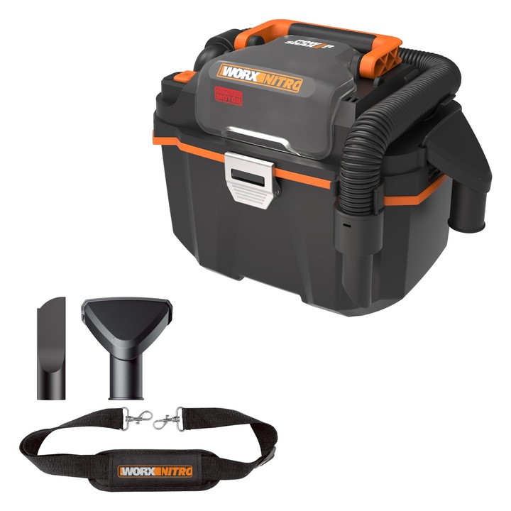 Aspirator Fara Fir Worx Wx031.9 Pentru Curatarea Umeda/Uscata - Mobil Si Practic - 20V - Cu Duza Pentru Spatii Inguste Si Duza Cu Jet Larg - Fara Baterie Si Incarcator, Negru/Portocaliu