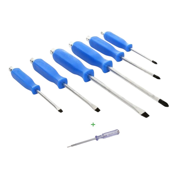 Ударни отвертки, ергономична синя дръжка, 3 броя прави върхове + 3 броя кръстати върхове, различни размери, магнитни върхове, хром-ванадиев връх, устойчив на удари с чук, шестоъгълна форма за отворен/звезден ключ + отвертка с опъване